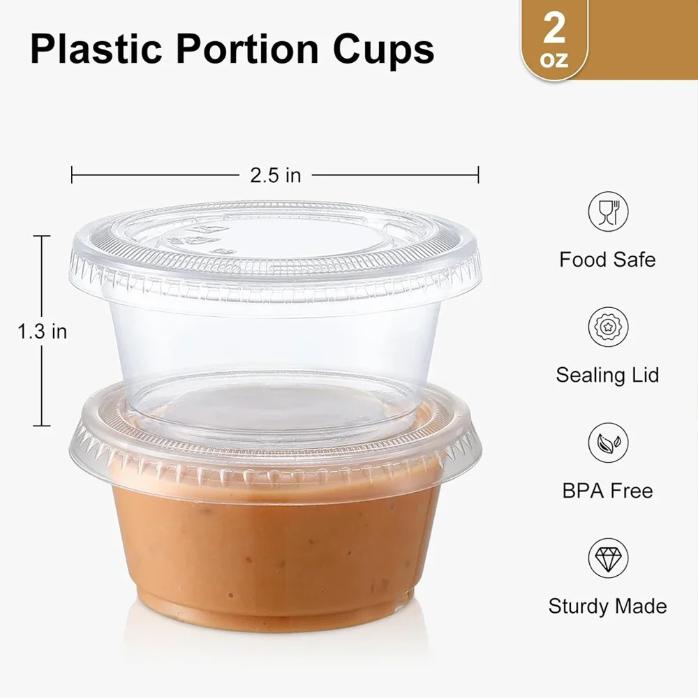 2oz Clear Disposable Plastic Portion Cups with Lids - Small Plastic Condiment Containers for Sauce, Salad Dressings