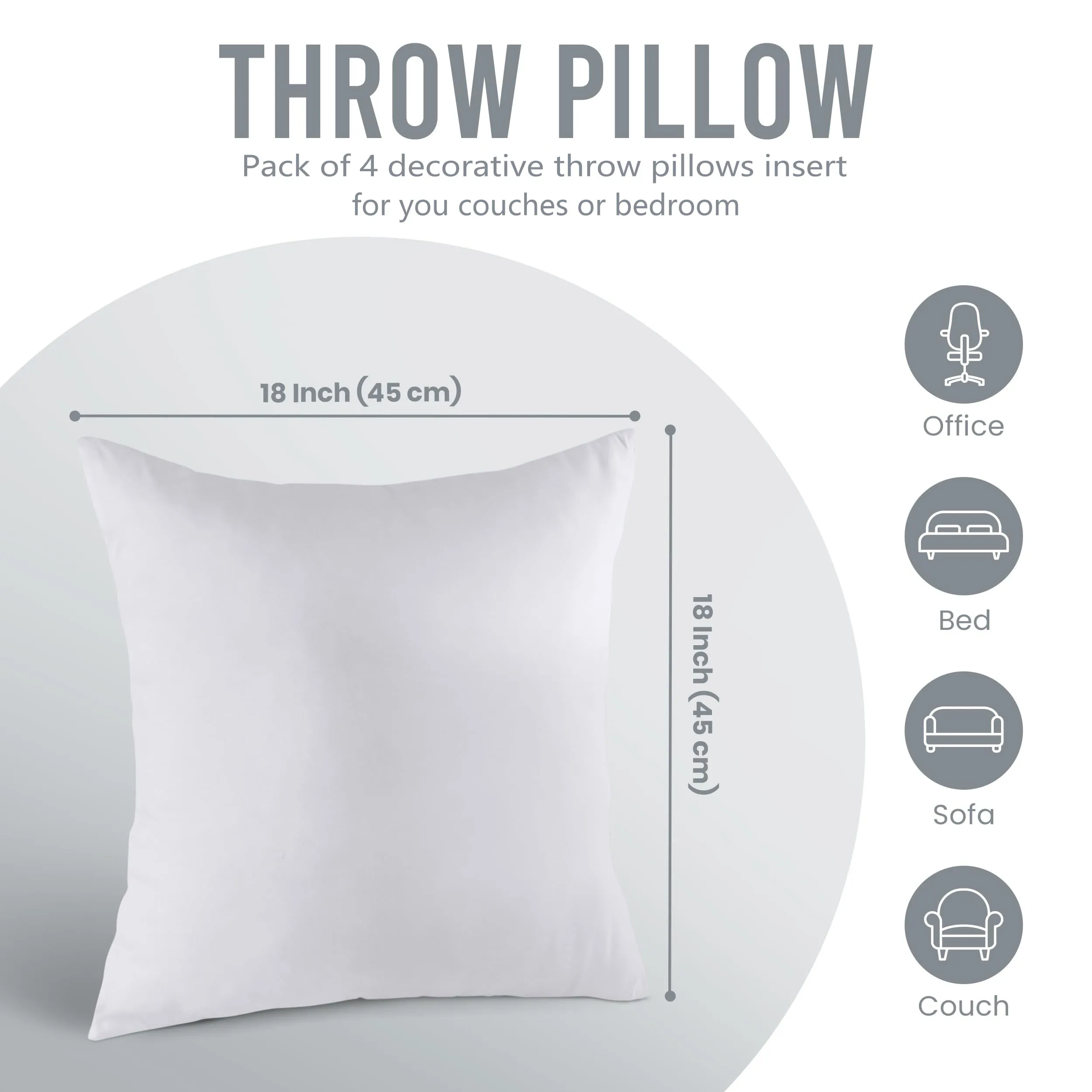 Qianglong Throw Pillows Insert (Pack of 4, White) - 18 x 18 Inches Bed and Couch Pillows - Indoor Decorative Pillow Couch Cushion