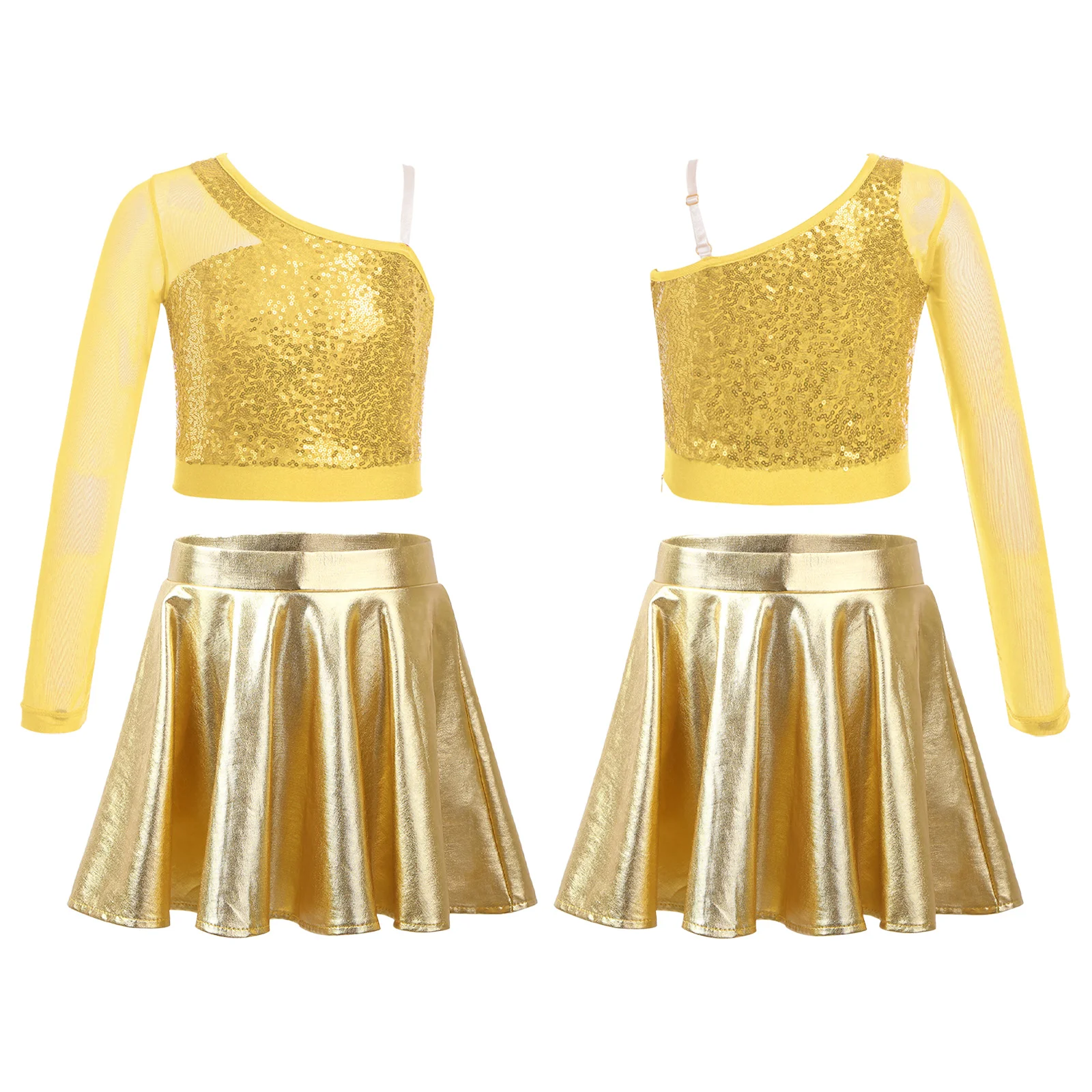 Top corto de lentejuelas brillantes con falda metálica para niños y niñas, traje de actuación de animadoras de baile de Jazz, Hip Hop, malla transparente, un hombro