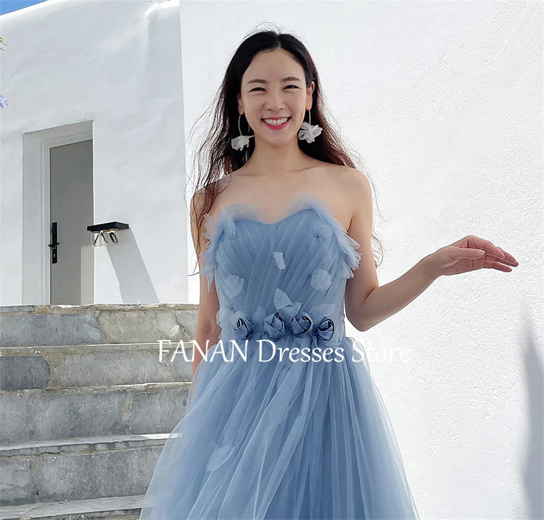 FANAN Blue Evening Party Dresses Fashion Strapless Sleeveless Korea Simple Flowers Wedding Women Formal Gowns Event Prom Gowns