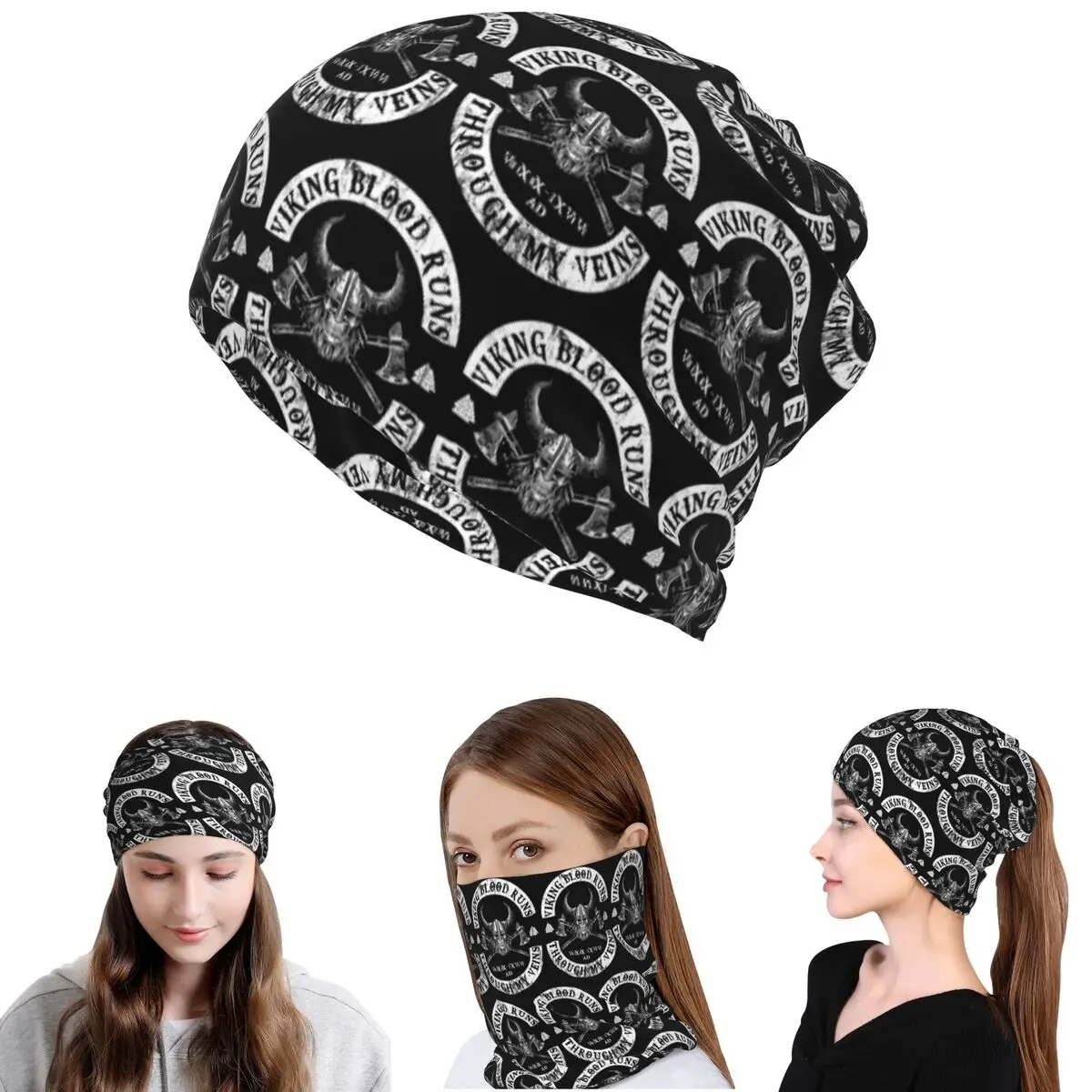 Viking Blood Runs Through My Veins Bandana Neck Cover Wrap Scarf Warm Balaclava Beanies Hat Unisex Adult Windproof