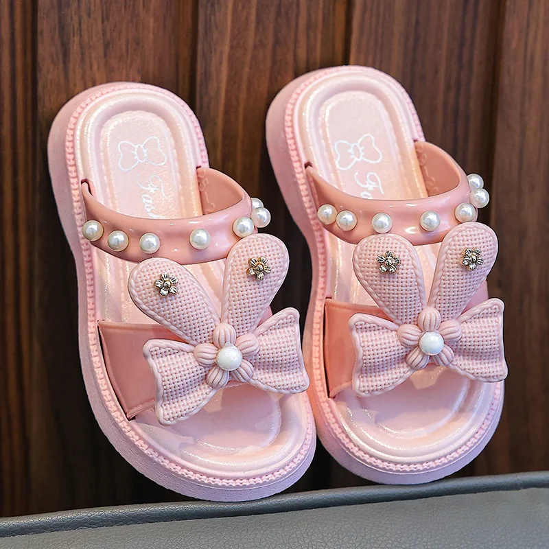 Girls Slippers Fashion Cartoon Princess Shoes Summer Soft Sole Non-slip Indoor Slippers Cute Bow Pearl Bathroom Slides Flip Flop