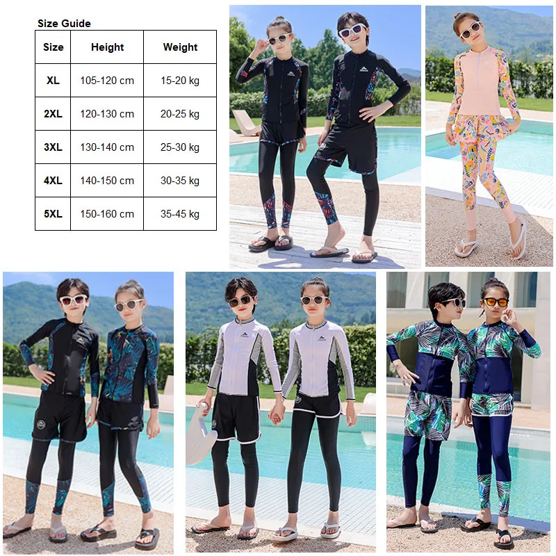 Girls Swimsuit Girls Long Sleeve Rash Guard 3-Pieces Bathing Suit 100cm-160cm Height Athletic Sweatsuit Activewear Tracksuit