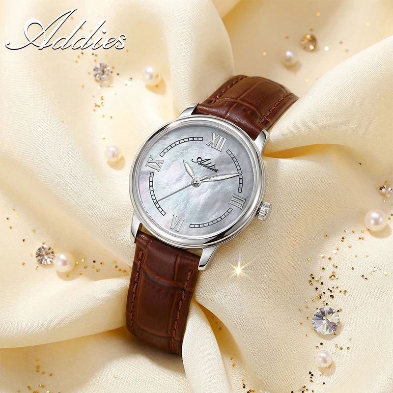 ADDIES Stainless Steel 50M Waterproof Wristwatches Mother of Pearl Dial Dress Watch for Ladies Japan GL32 Sapphire Glass Watches