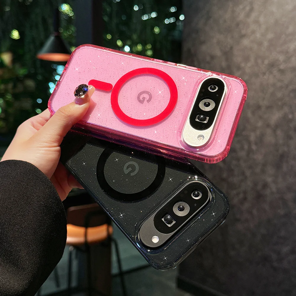 

Модный прозрачный акриловый чехол с блестками для Google Pixel 10A 10 9 Pro XL, магнитная зарядка, ударопрочный бампер, защитный чехол