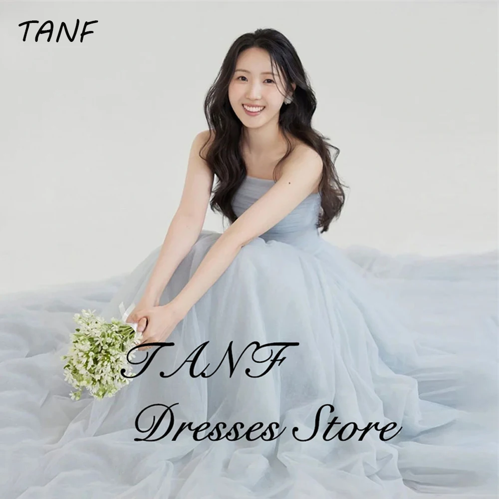 TAFN Fairy Light Blue Korea Wedding Dresses Soft Pleat Tulle Performance Dress Customized Korea Photo Shoot Bridal Party Go