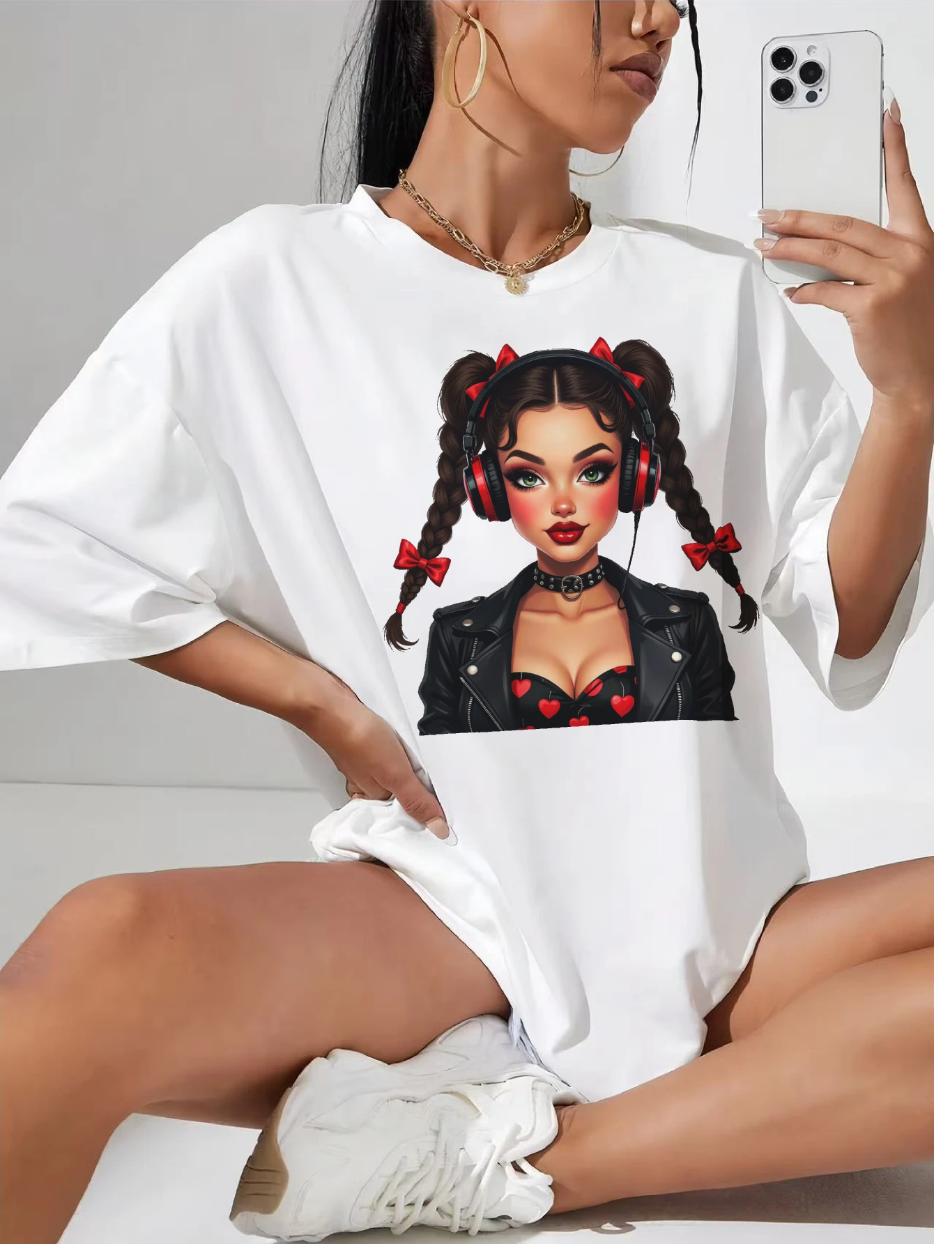 

Heart-Beats-Girl-Rock White Loose Fit Women's T-Shirt Fashionable Relaxed Style for Hot Days Festivals