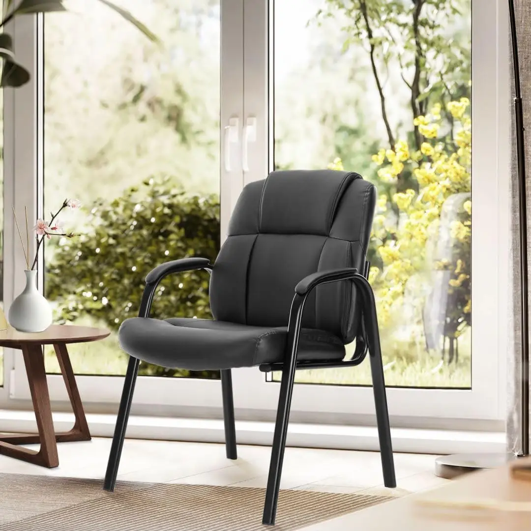 Black PU Leather Guest Chair for Conference Rooms, Reception & Waiting Rooms, Tall Back Design with Padded Armrests, Wheel-Free