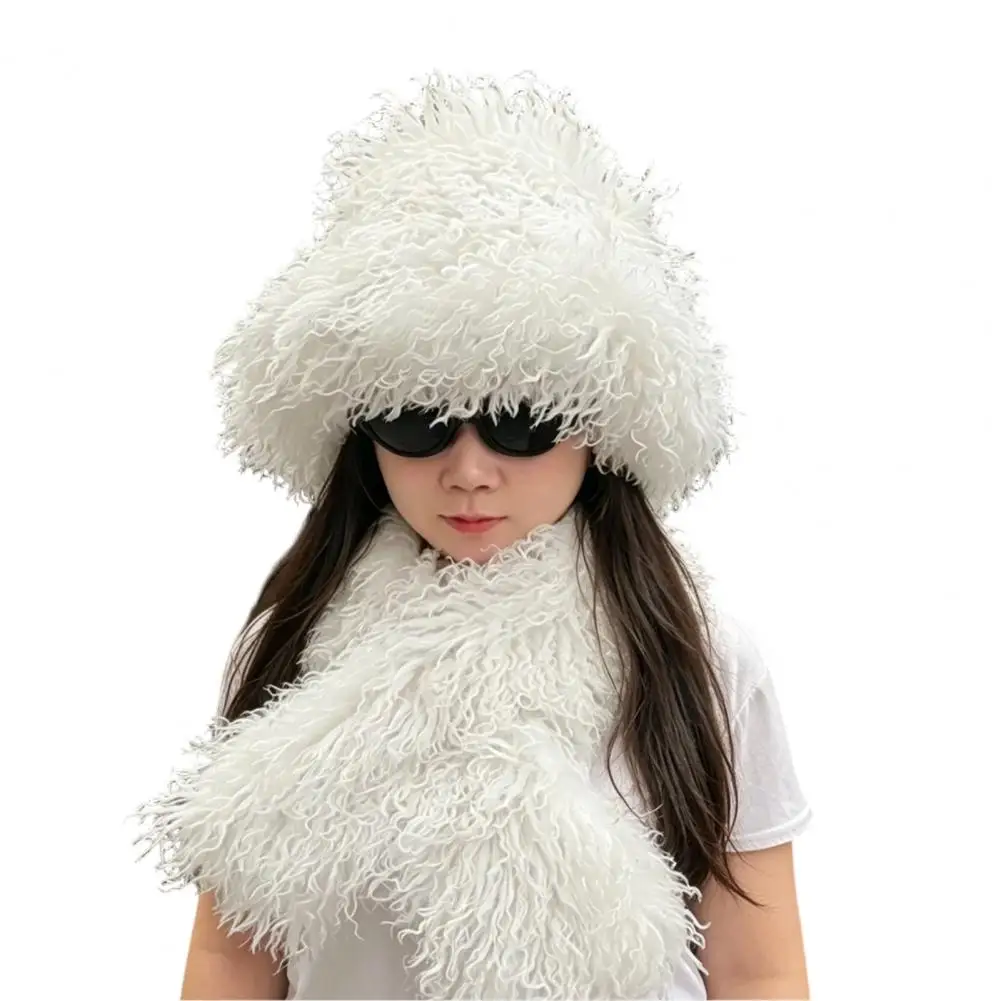 Women Curly Plush Hat Fuzzy Winter Bucket Hat Scarf Soft Fluffy Warm Mongolian Hat for Cold Weather Accessories