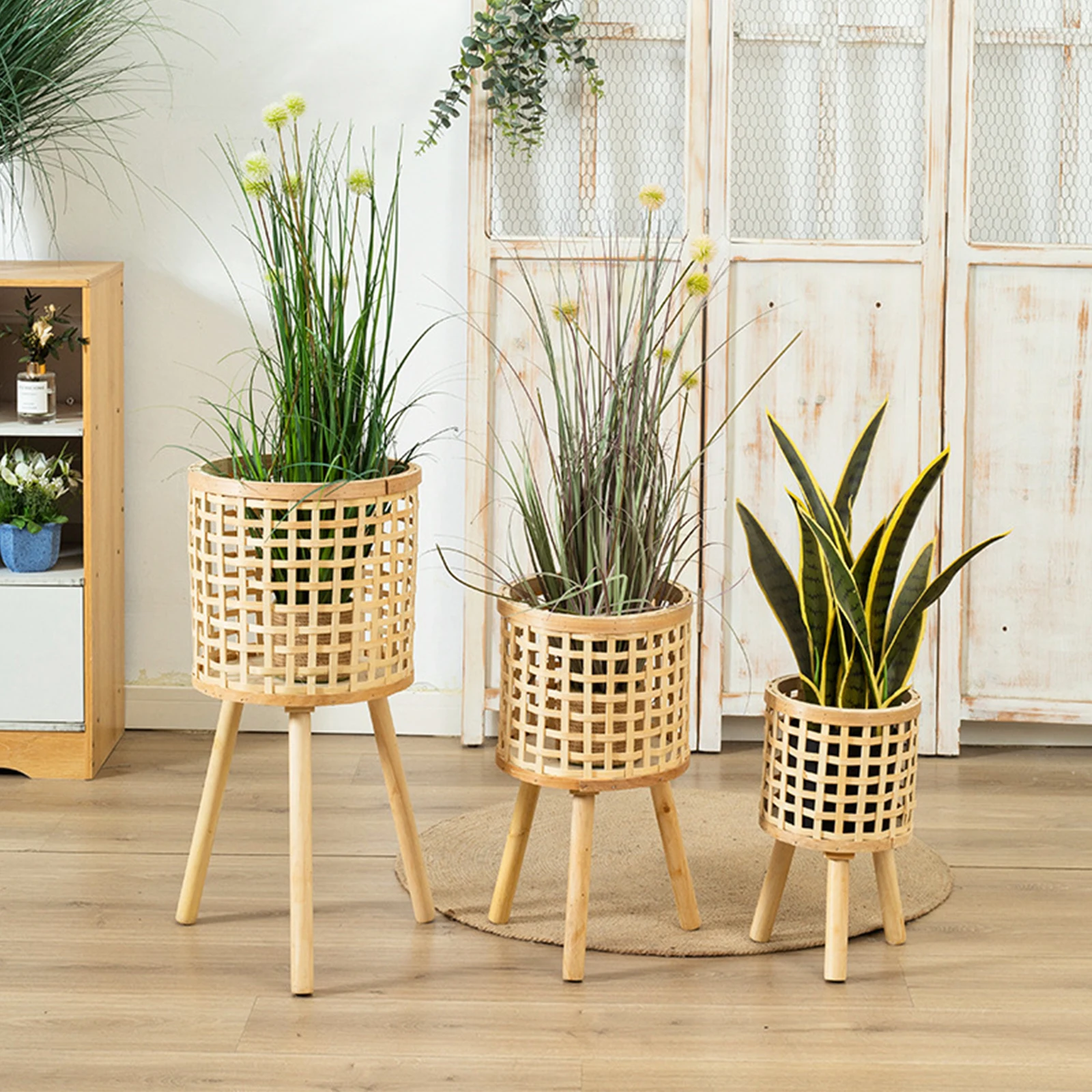 Wicker Floor Standing Pot Holders Bamboo Woven Plant Shelves Basket Organizer Unique Home Decoration Handmade Hollow Shelf