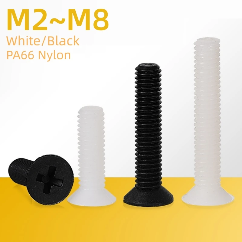 20~100pcs Nylon Countersunk Head Screw M2 M2.5 M3 M4 M5 M6 M8 PA66 White/Black Plastic Phillips Flat Head Bolts length: 4~ 40mm