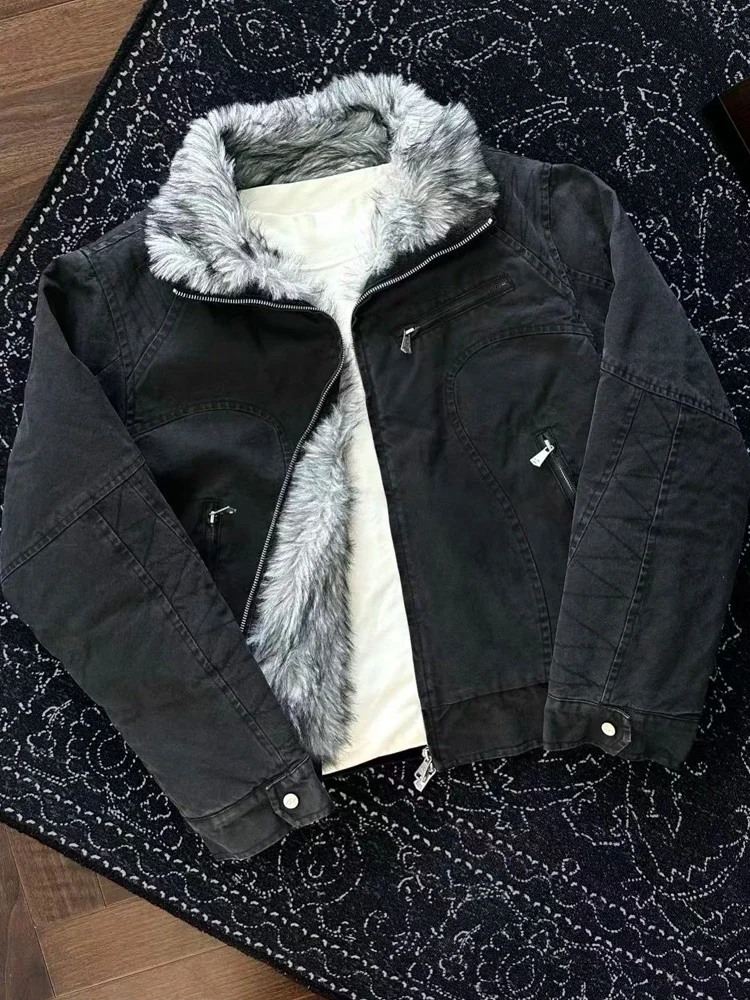 

American Retro Thiened Cotton Jaet Men's ort Sle Fur Collar Harlington Coat Warm Youth Faion Outerwear Coat