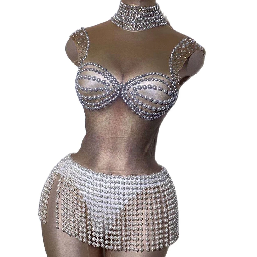 

Sexy Women Bodysuits Backless White Pearls Sleeveless Button Pole Dance Stage Costume Party Nightclub Rave Outfits