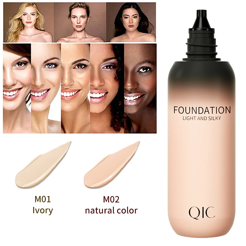 Base de cobertura completa de maquillaje líquido corrector resistente al agua de larga duración QIC para una corrección uniforme de manchas de Skintone