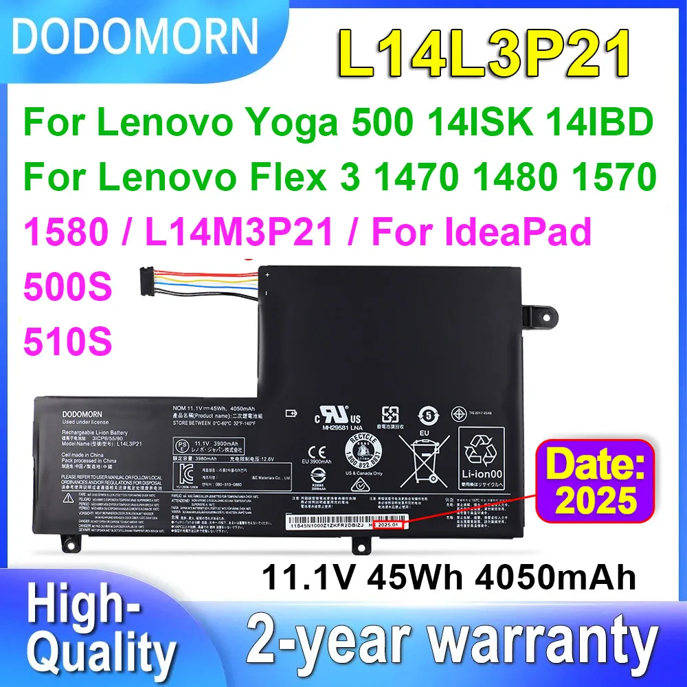 DODOMORN-batería para portátil L14L3P21, para Lenovo IdeaPad 500S 510S-14ISK Flex 3 1470 1480 1570 1580 Yoga 500 14IBD L14M3P21 45Wh