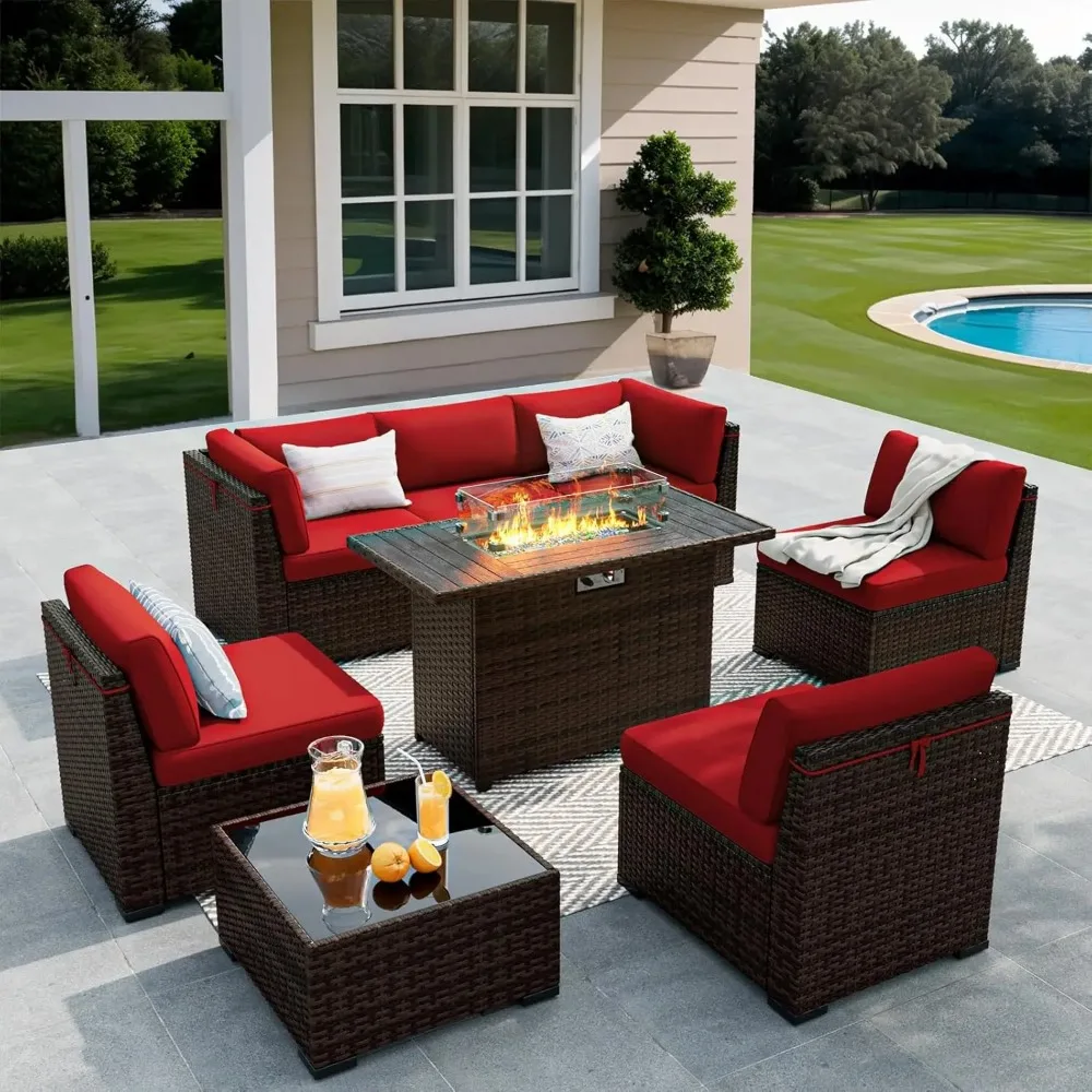 8 Pieces Outdoor Patio Furniture Set with 44" Fire Pit Table Rattan Sectional Conversation Sets w/Gas Fire Pit image 2