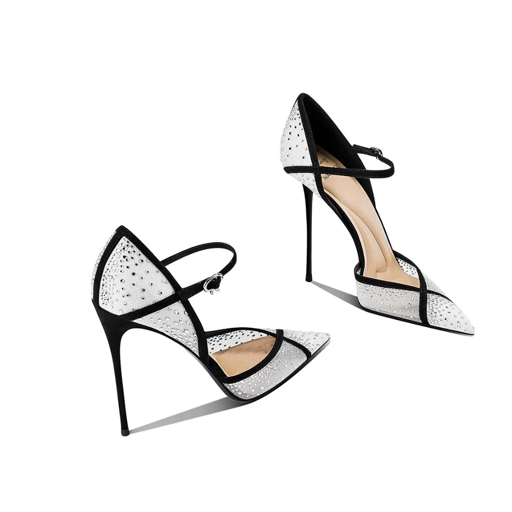 

Elegant White Rhinestone Strap Pointed Stiletto Heels Women 2026 Spring Summer Fashion High Heels