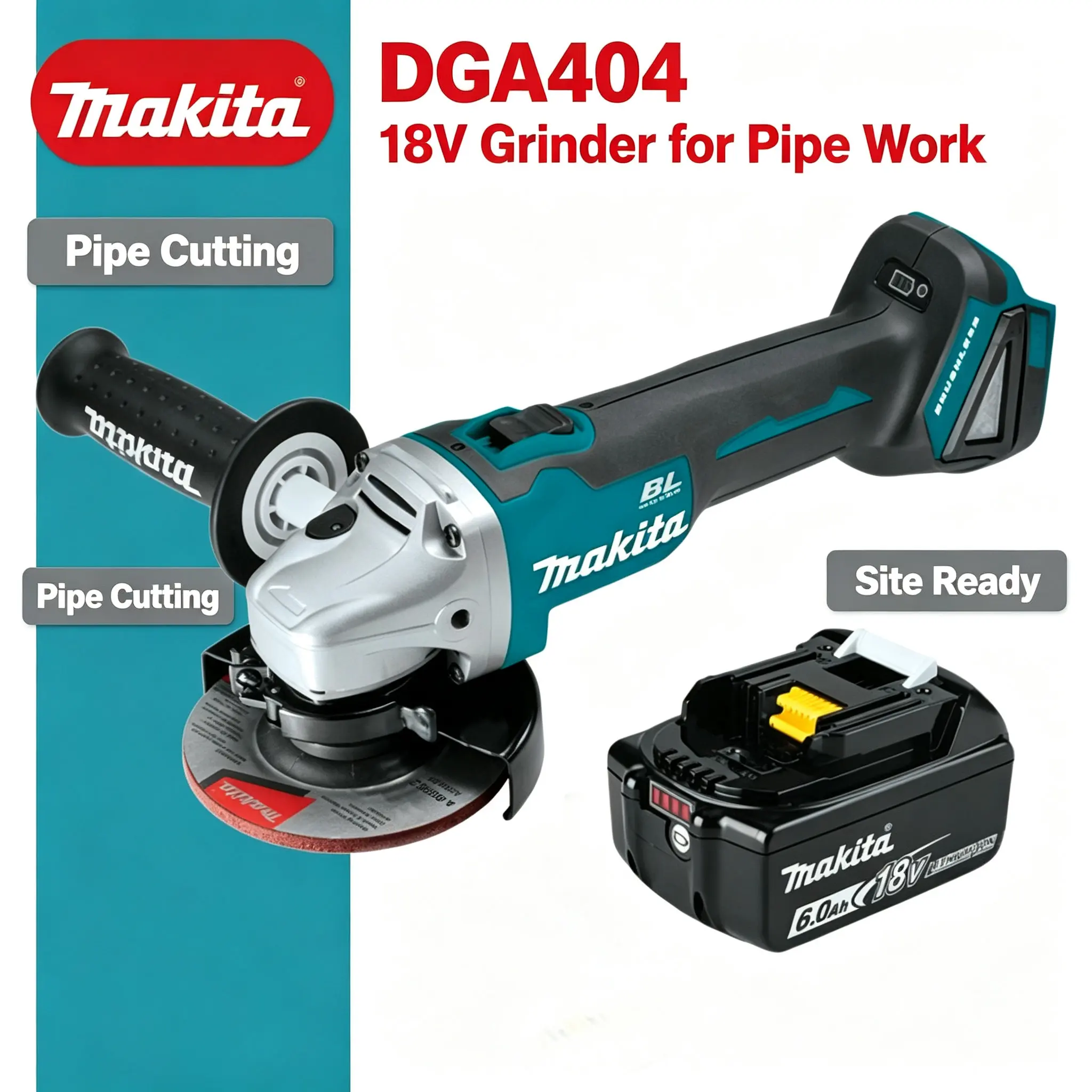 Smerigliatrice angolare portatile senza fili Makita DGA404, levigatrice elettrica 18V senza spazzole 125mm, utensili elettrici per il taglio di metalli ad alta potenza