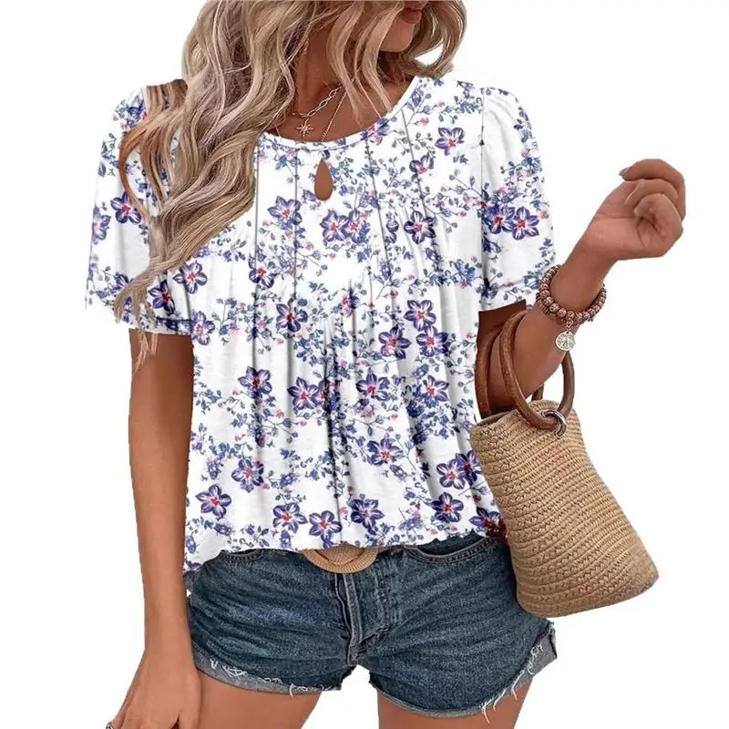 

2025 Independent Station New Floral Print round Ne T-irt Casual ort Sve Pleated Flower Women's Autumn ort Sve T...