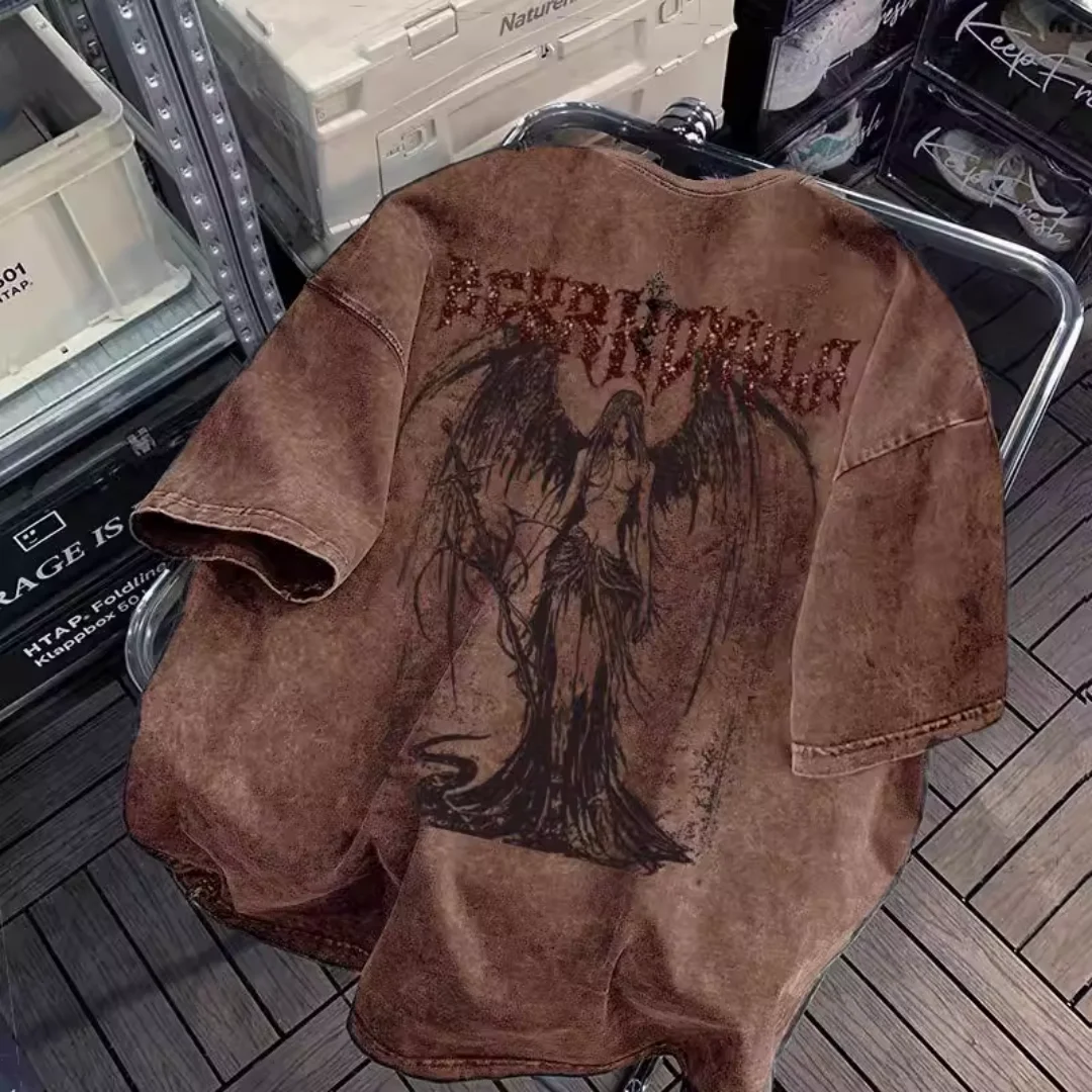 2026 New Summer Unisex Plus Size Dark Angel Print T Shirt High Street Vibes Washed Vintage Casual Short Sleeve Tops