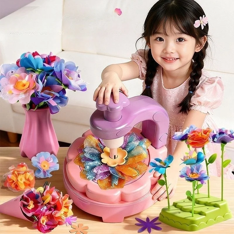 Kids DIY Flower Bouquet Making Kit, Hand‑Craft Floral Machine Toy, Creative Art Craft Set for Girls Educational Play Gift