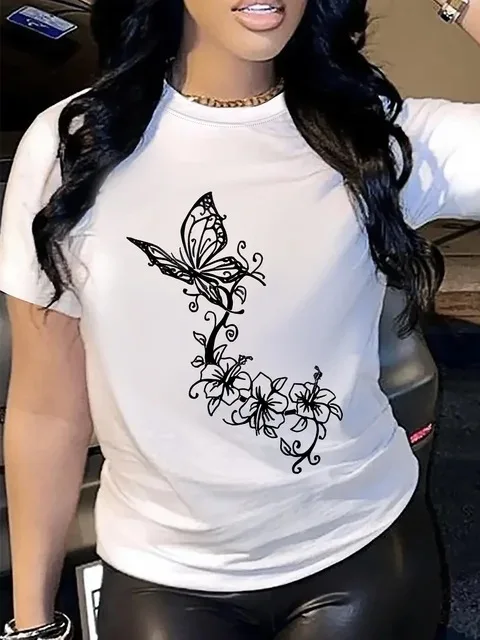 Women White T Shirt Black Line Floral Print Ladies Casual Short Sleeve Tee Minimalist Flower Outline Graphic Slim Fit Top