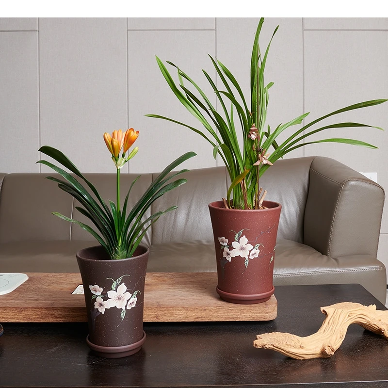 Ceramic Flower Pots Tall Orchid Stoneware with Tray Plants Succulent Plant Accessories Balcony Decorations
