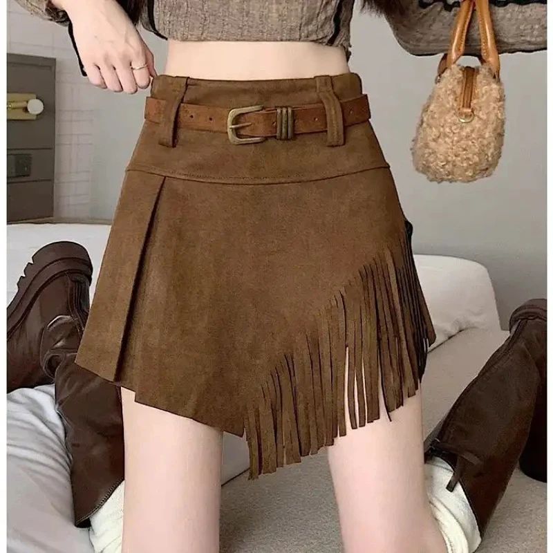 

Asymmetric Fringe Skirt For Women Bohemian Style Mini Skirt With Belt Detail Casual Outfit For Night Out