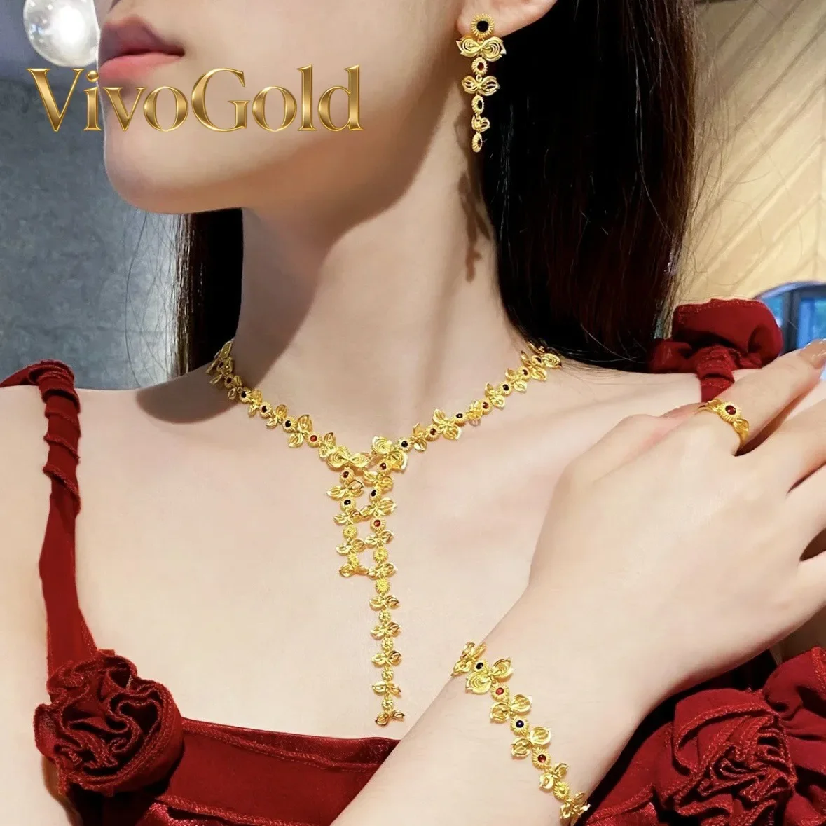 

Элитный свадебный комплект VivoGoldLight из 24-каратного золота 9999 пробы: колье, браслет, кольцо, серьги (четыре предмета) в китайском стиле Фэнсян