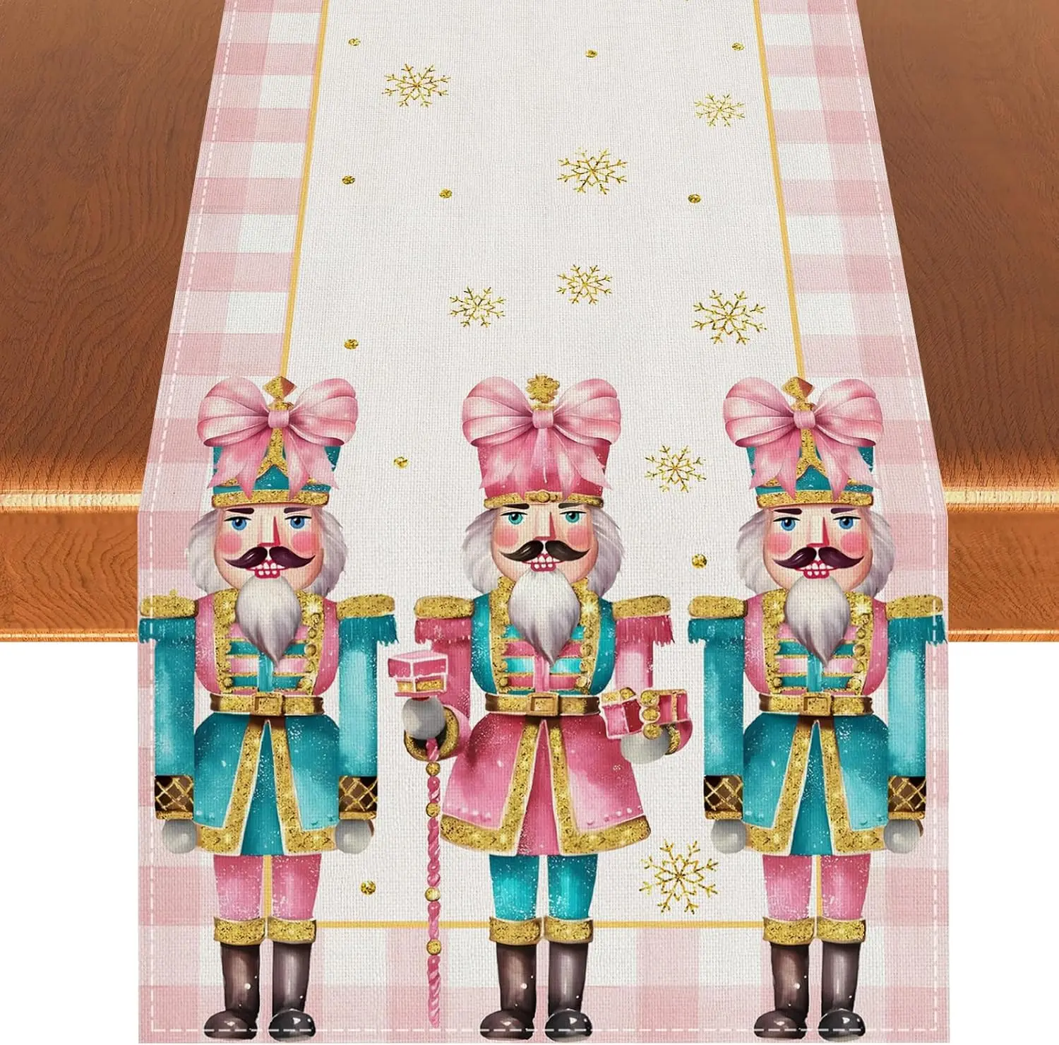 Christmas Nutcracker Pink Buffalo Plaid Table Runner Party Decor Winter Holiday Kitchen Dining Table Runner Christmas Decoration
