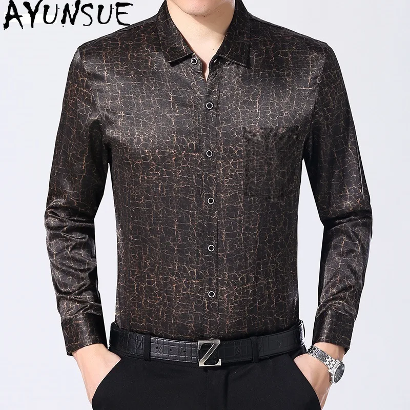 AYUNSUE Men's 92.5% Mulberry Silk Shirts for Man Long Sleeve Casual Shirt Spring Summer Fashion Printed Shirt Tops ropa hombre