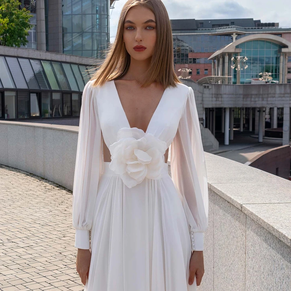 Customized Long Puff Sleeves Wedding Dresses A Line Deep V Neck Bridal Grown Chiffon Handmade Flower Open Back Vestido de novia