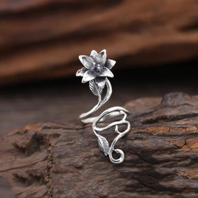 

new S925 Sterling Silver Jewelry Vintage Thai Silver Bohemian style Lily Vine Exaggerated Ring For Women