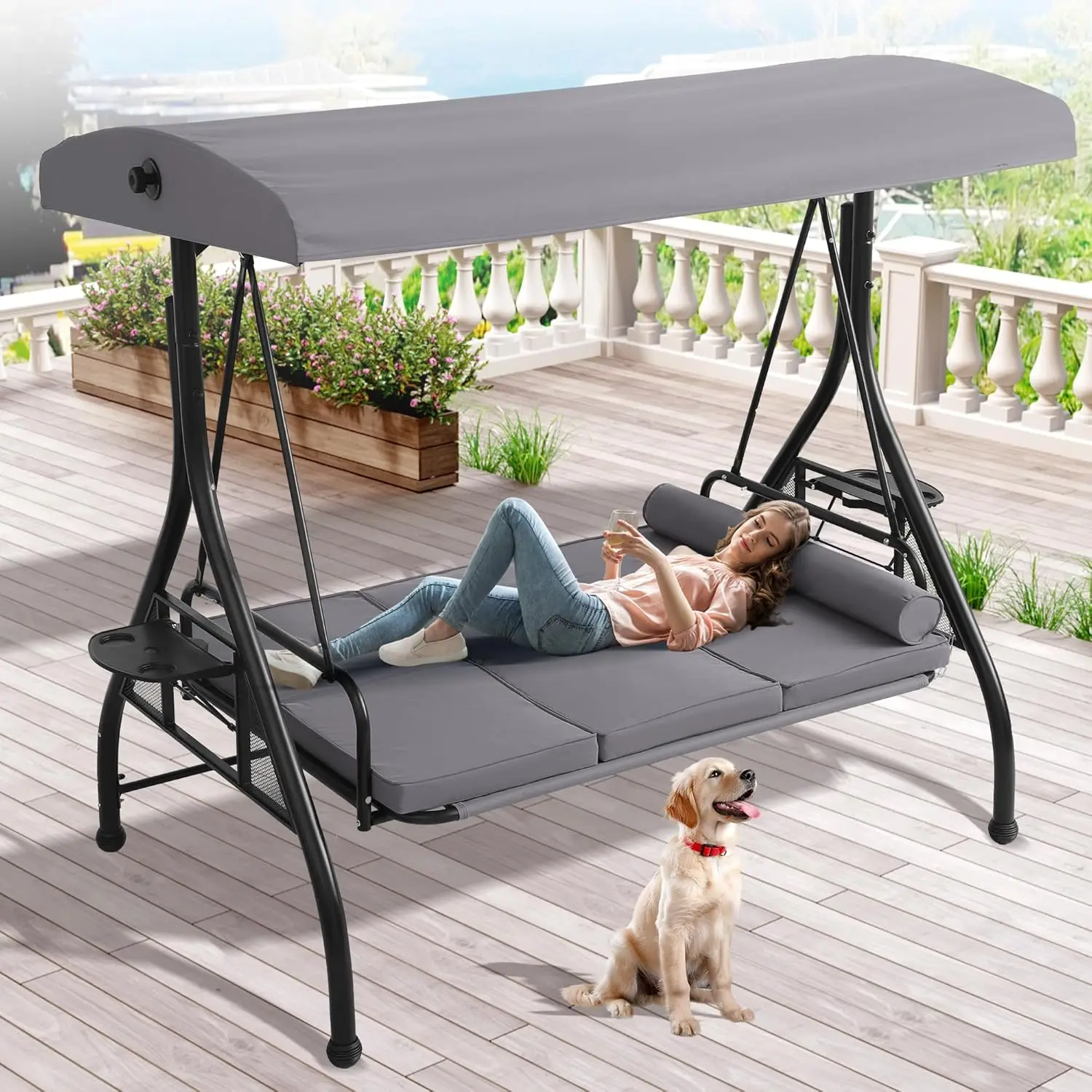 

Outdoor Porch Swing with Canopy and Stand, 3 Person Patio Swing for Adults, Convertible 2 in 1 Porch Bed Swing with Cup Holder,