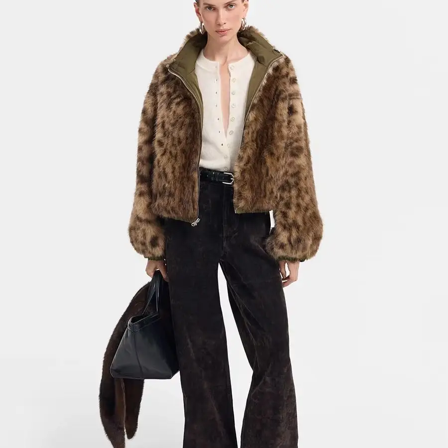Women Reversible Leopard Print Faux Fur & Olive Nylon Cropped Bomber Jacket, Stand Collar Full Zip, Winter Warm Street Commuter