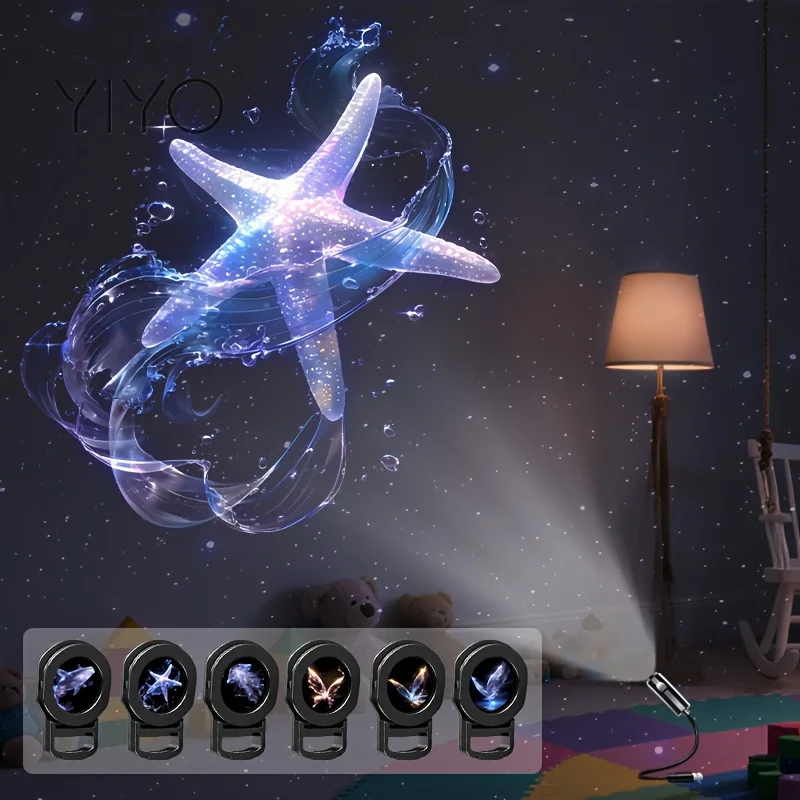 3/6pcs Projection Patterns USB Projector Light 360° Rotatable Marine & Butterfly Moon Planet USB Powered Room Decor Night Light