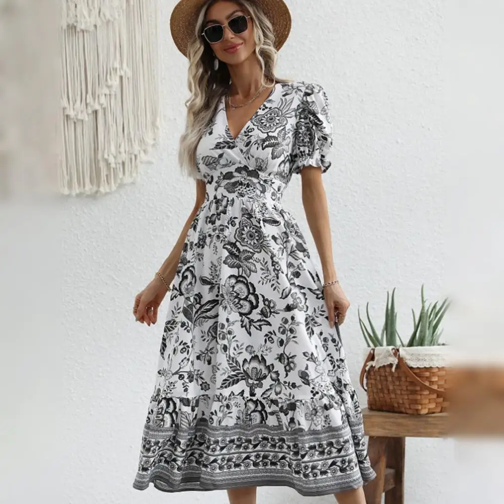 Summer Printed Dress V-neck Puff Sleeve Dress Floral Print V Neck Midi Dress with Puff Sleeves High Waist A-line for Vacation