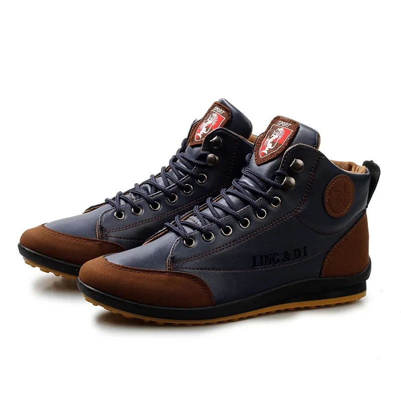 Retro skórzane buty męskie nowe w wysokie trampki luksusowe jesienne zimowe nowe męskie krótkie buty męskie trzewiki w stylu Casual obuwia