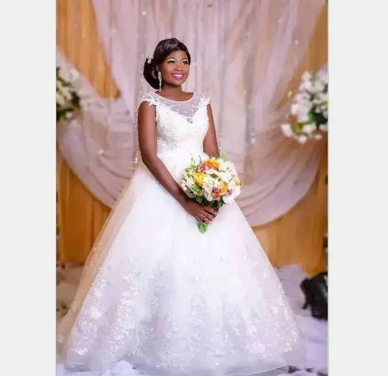 Customized African Woman Pure White Illusion Sleevesless Ball Gown Trumpet Mermaid  Bridal Bride Wedding Dress