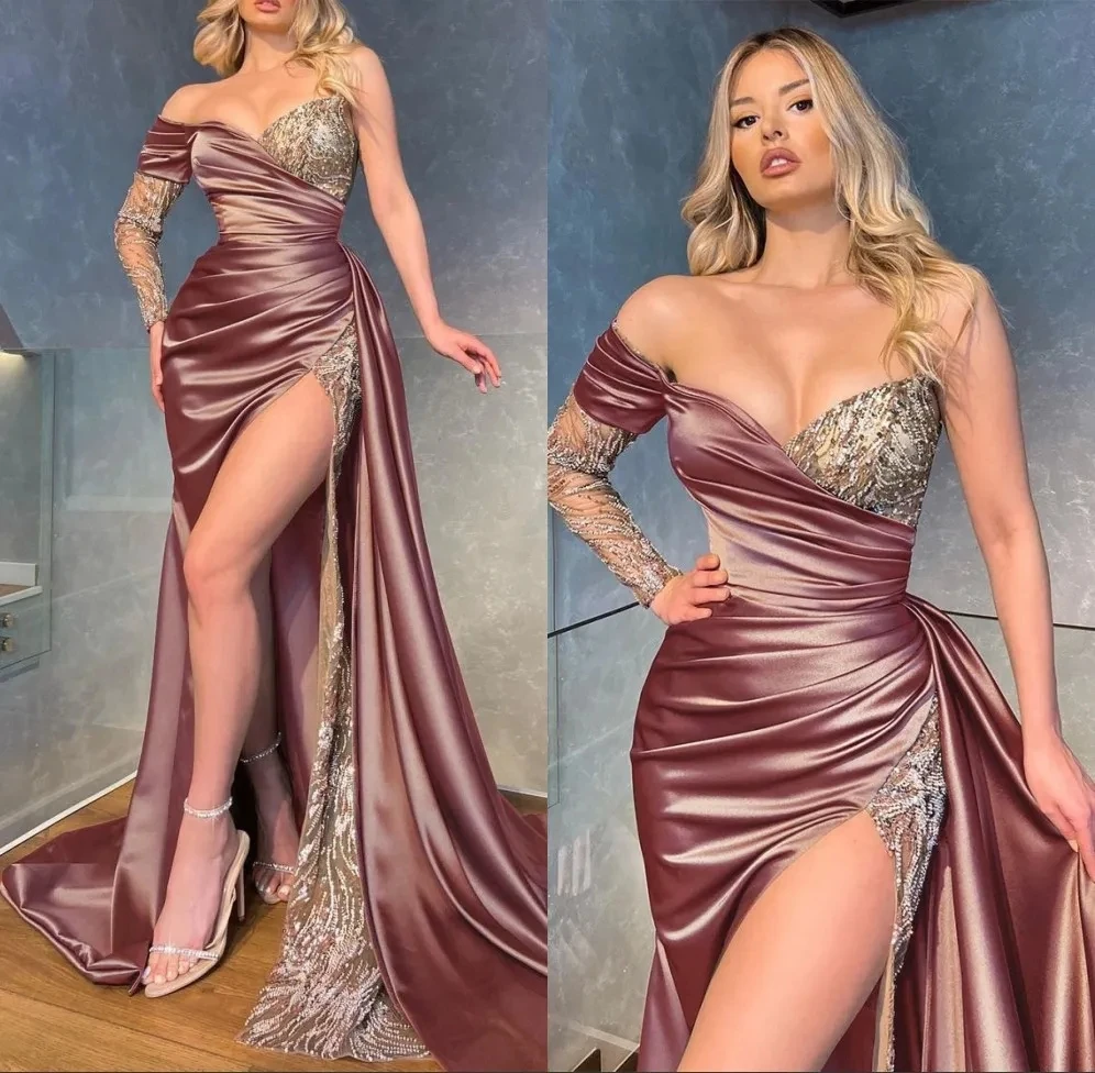 

Custom Mermaid Prom Evening Dresses Train Bead Illusion One Shoulder Long Sleeves Prom Dres Side Split Satin فساتين سهرة