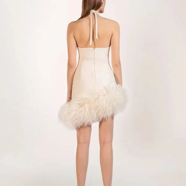 White Neckband Rhinestone Sexy Bar Women's Dress Slim Fit Feather Elastic Fashionable Elegant Dress Banquet Host Evening Dress