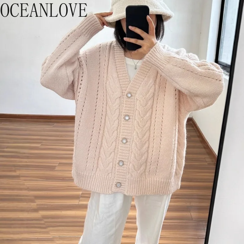 

OCEANLOVE Cardigans Woman Solid V Neck Autumn Winter Loose Sweet Sweaters Korean Fashion Elegant Casual Sueter Mujer