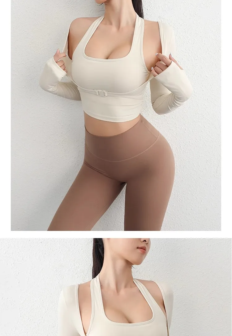 Herbst Sport Damen Oberteile Modische Langarm-Trainings-Tops mit Daumenlöchern Fitness Crop Yoga-Top – Detail 15