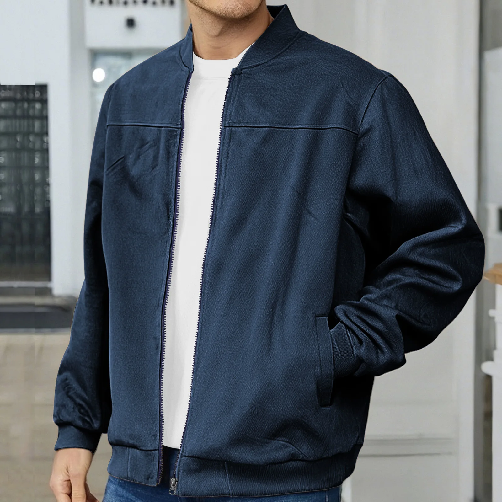 

2025 Autumn New Fashion American Men's Solid Color Suede Long Sleeve O-neck Zipper Casual Trendy Coat Male Jacket Clothes Tops