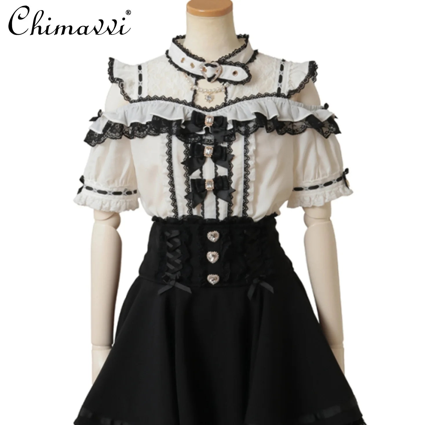 Liz Japanese Ji Series Sweet Girl Off-the-shoulder Three Bow Shirt Summer New Princess Kawaii Short-sleeved Lolita Tops Blouse