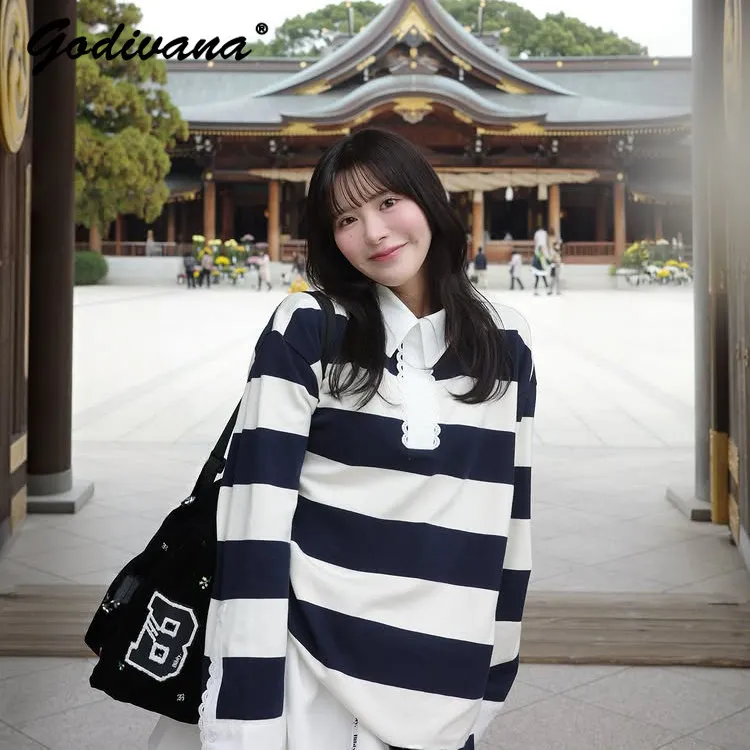 

Japanese Style Sweet Lace Collar Navy Blue Striped Long Sleeve Mid-Length T-Shirt New Spring Women's Casual Loose Polo Shirt