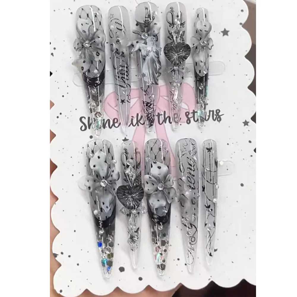 Y2K Spicy Girlish Style Leopard Diamond Stars Long Coffin Nail Art 3D Flower Dots Gemstone Line Almond Fake Nail Party Stickers