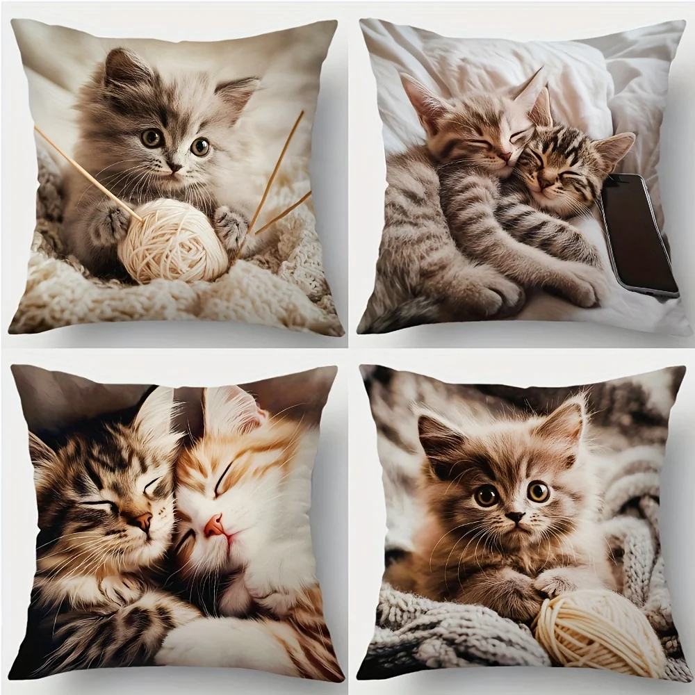 Cute Kittens Playing with Yarn Throw Pillow Covers Set - Adorable Cat Nap Scene for Nursery or Living Room Decor