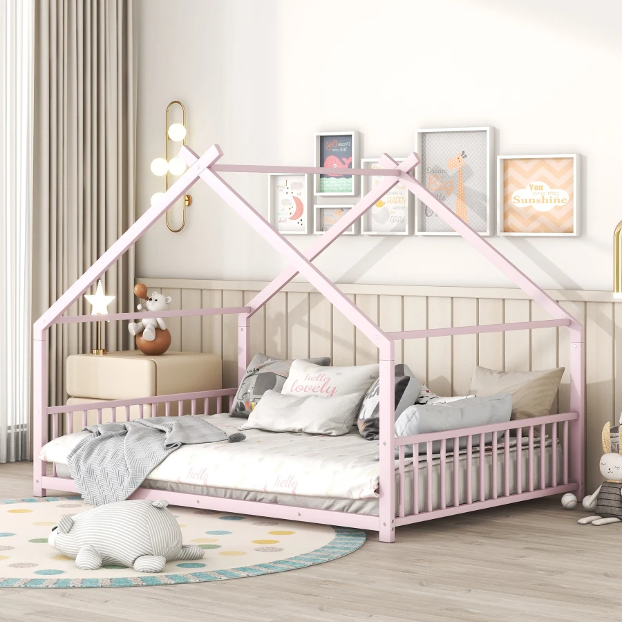Full Size Metal House Bed, Pink Mattress Support