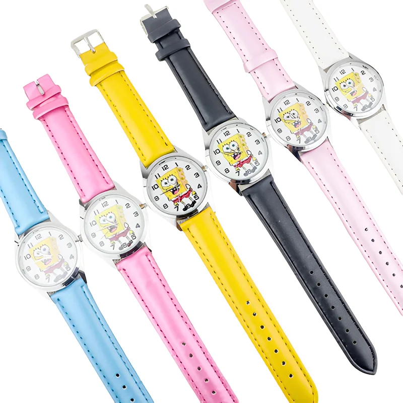 Anime Cartoon SpongeBob Boys Girls Student Round Quartz Watch Fashion Kids PU Leather Belt Wristwatch Birthday Christmas Gifts